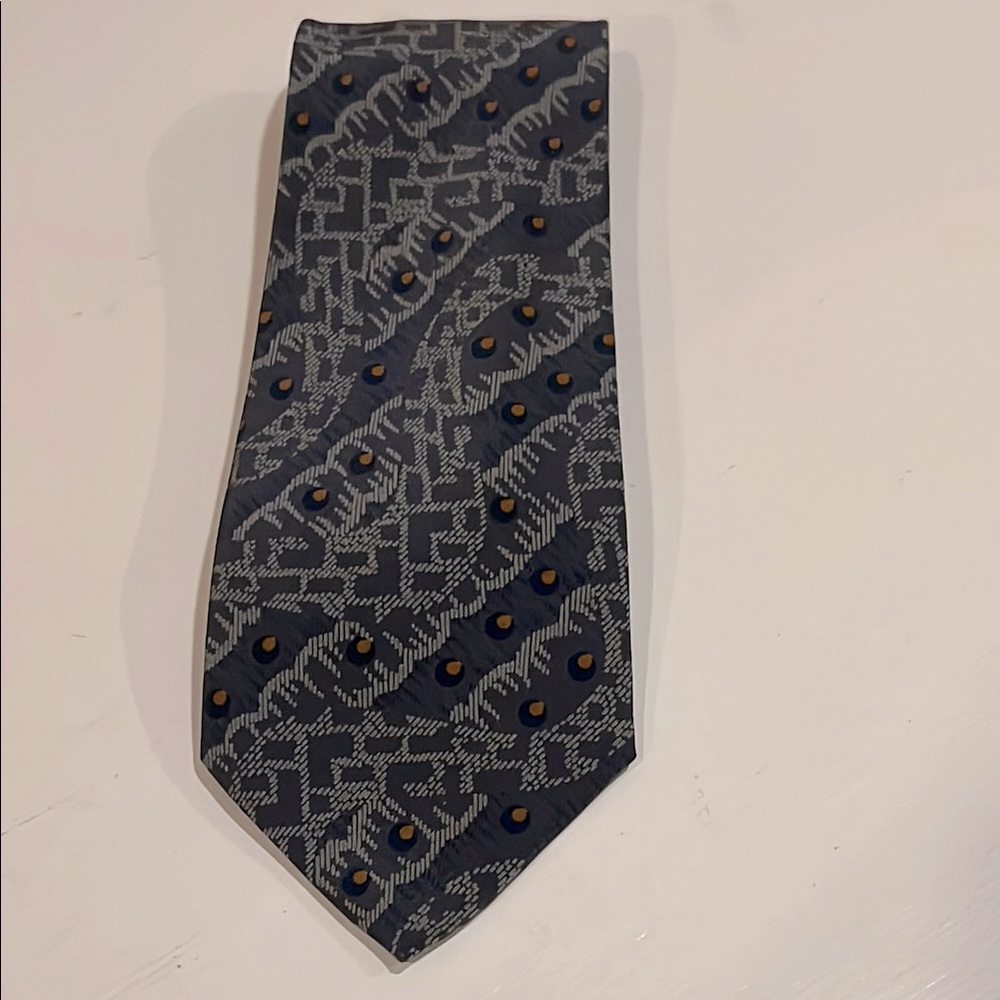 Giorgio Armani 100% SILK Gray Blue Gold Patterned Mens NECK TIE Italy Vintage